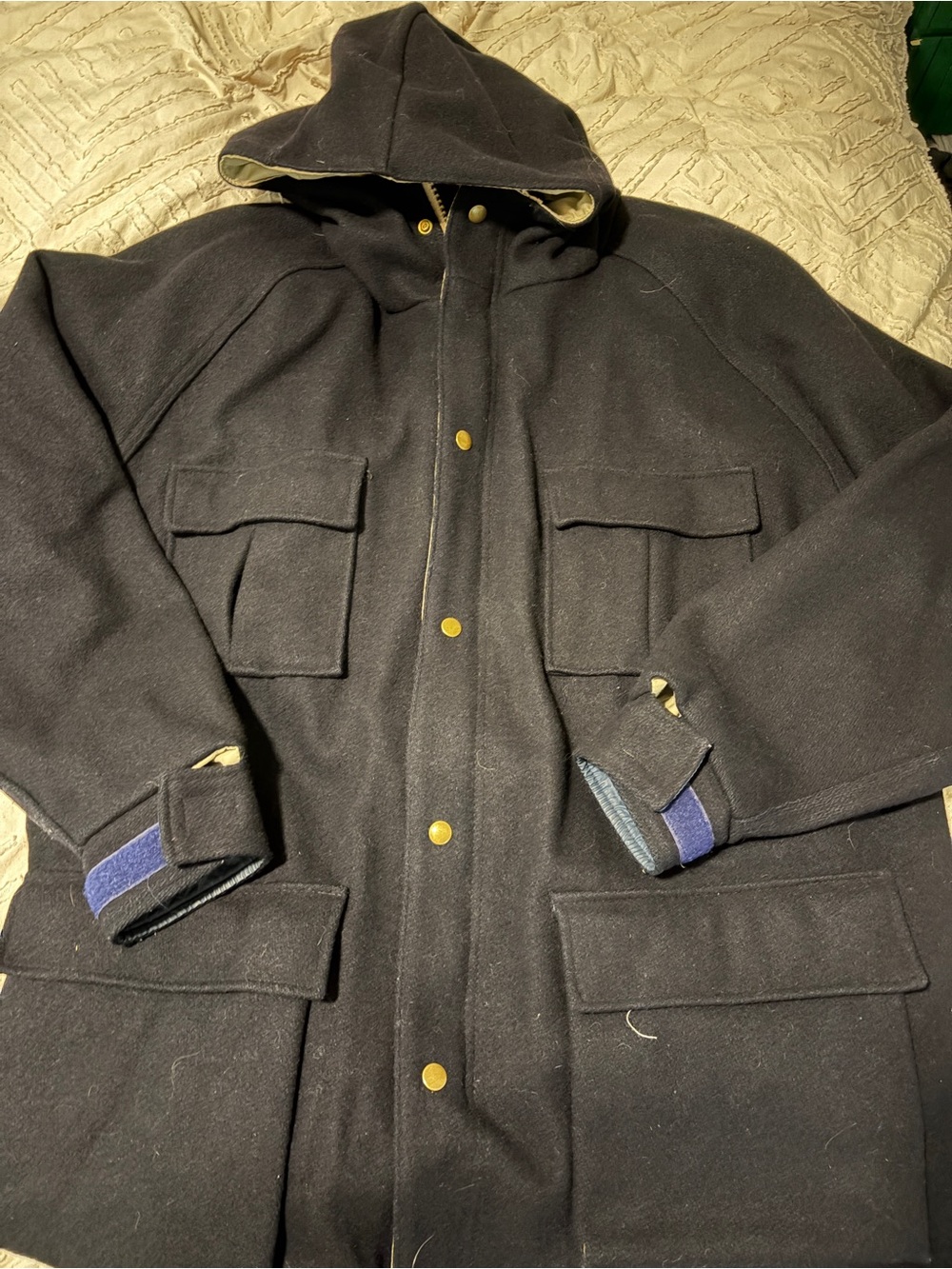 Woolrich vintage Black Hooded Military Field Coat with Gold-Tone Hardware